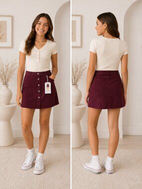 Button-front corduroy mini skirt burgundy dark academia Y2K grunge fall NW 11/30